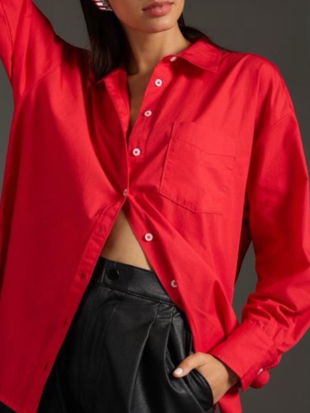 Maeve Anthropologie The Bennet Red Oversized Button-Down Long Sleeve Shirt XSP